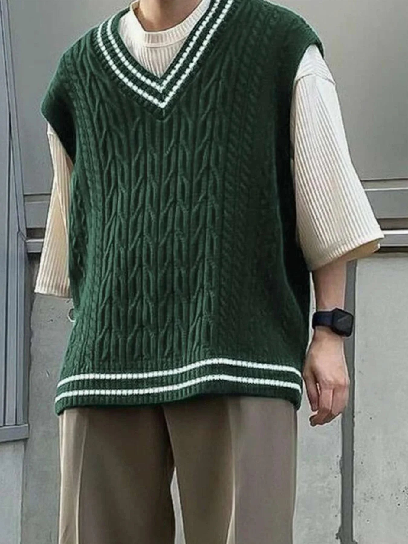 Men's Preppy Style Cable Knit Sweater Vest V Neck Sleeveless Knitwear Green Striped Trim Casual Pullover Vest For Spring Autumn