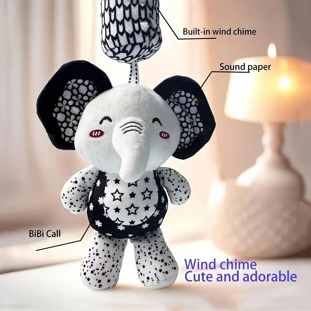 Portable Plush Baby Toy with Wind Chime and Rattle, Black White Design for Stroller Crib Hanging Decor, Safe Cute Newborn Gift