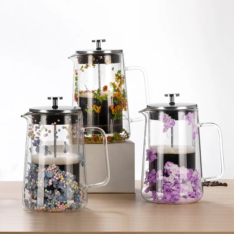 Dried Flower Double Glass French Press Heat-resistant Coffee Pot Insulation Coffee Utensil Household Filter Tea Maker