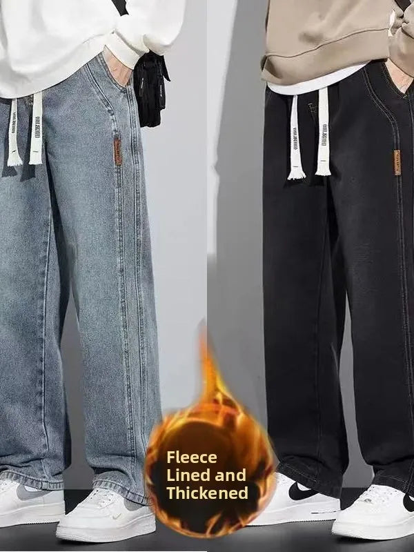 Retro American Wide Leg Men's Jeans Straight Thickened Fleece Loose Autumn Winter Wear Resistant Long Trousers Cotton Elastic...
