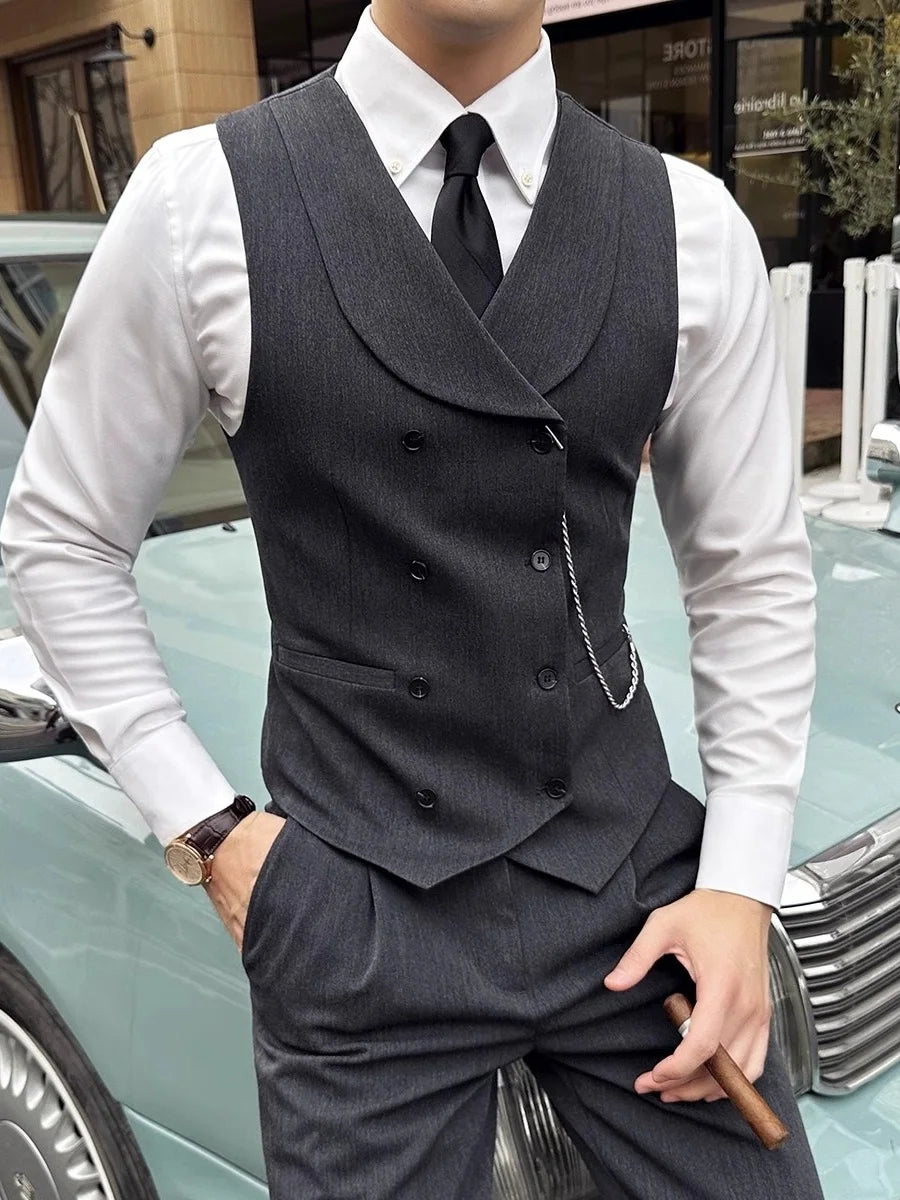 British Style Men's Business Double Row Button Suit Vest Casual Slimming Wedding Best Man Clothes Fashionable Plain Color