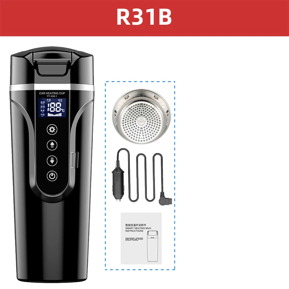R31 450ml Car Heating Cup 12v/24v Portable Electric Kettle Smart Touch Screen Thermal Mug Temperature Adjustable Car Heating Mug