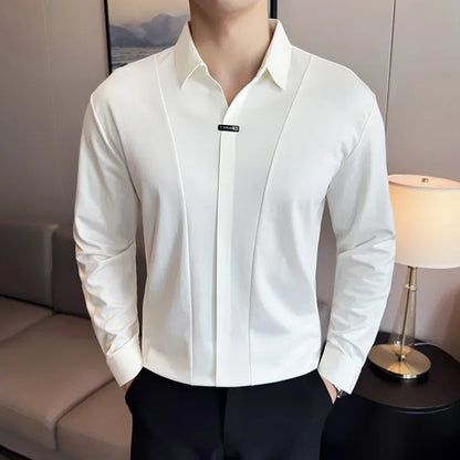 Men Long Sleeved Polo Shirt 2026 Spring British Style Solid Casual Elastic Slim Fit T-shirt Formal Dress Polo Shirt Men Clothing