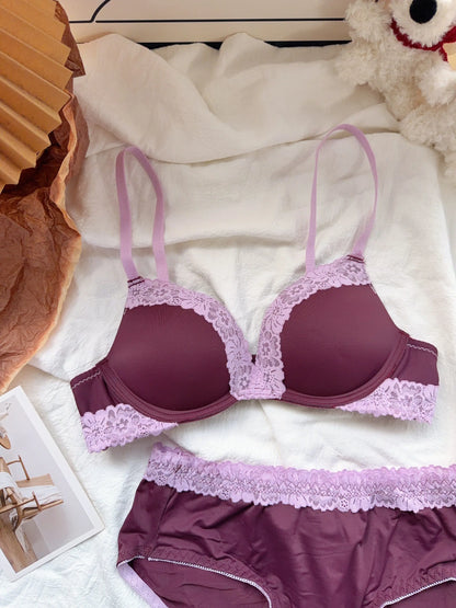 Sexy Purple Lace Lingerie Set for Women Push Up Bra No Underwire Small Bust Fit gathering Cups Lift Petite Cute Panties YUQI