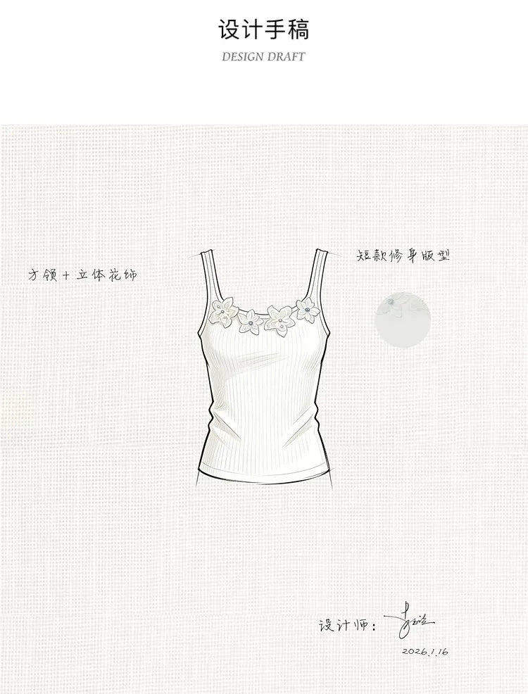 ALXNAN White Tank Tops Women 3D Floral Design Elegant Square Neck Camisole Summer Casual Cotton Female Sleeveless Tops L62833