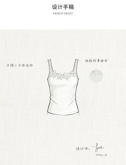 ALXNAN White Tank Tops Women 3D Floral Design Elegant Square Neck Camisole Summer Casual Cotton Female Sleeveless Tops L62833