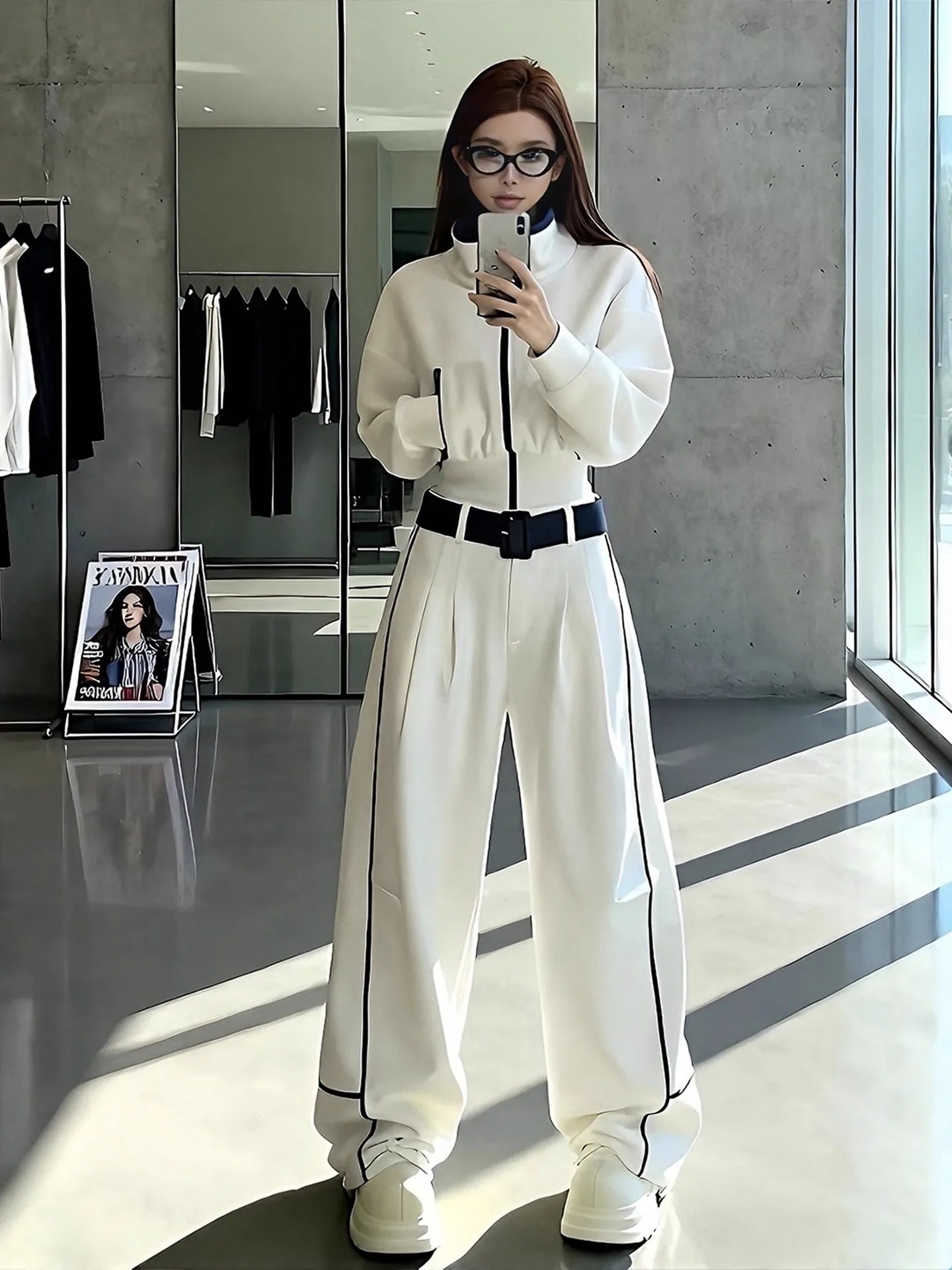 Winter Fashion Short Zipper Jacket High Waist Wide Leg Pants Two Piece Set Simple Design Casual Style Polyester Fabric