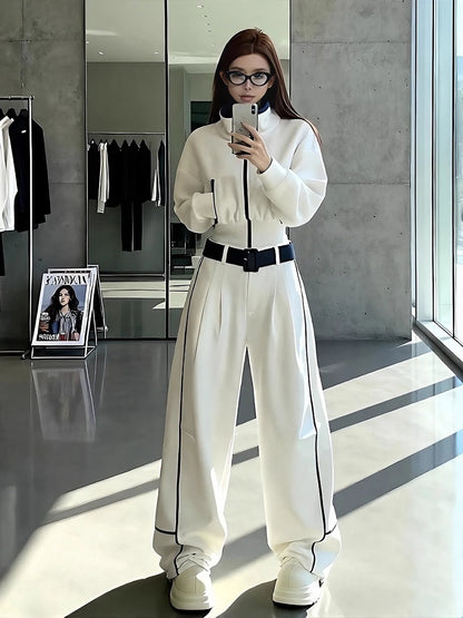 Winter Fashion Short Zipper Jacket High Waist Wide Leg Pants Two Piece Set Simple Design Casual Style Polyester Fabric
