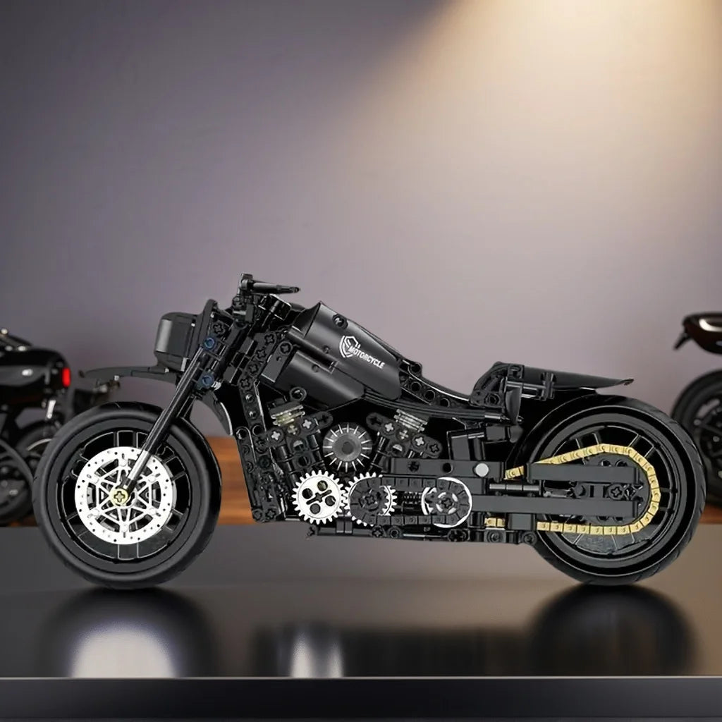 A set of assembled building blocks for a black, retro-style motorcycle toy, perfect for motorcycle enthusiasts as a gift.
