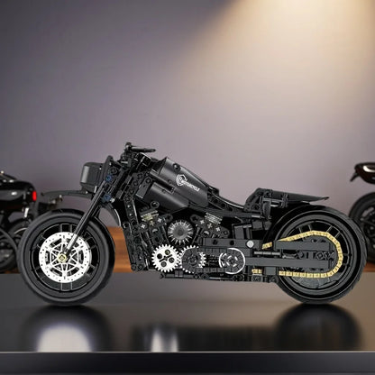 A set of assembled building blocks for a black, retro-style motorcycle toy, perfect for motorcycle enthusiasts as a gift.