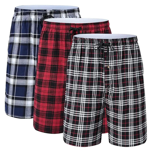 100% Cotton 3Pcs Mens Underwear Boxers Shorts Male Breathable Loose Pajama Sleep Bottoms Shorts Plaid Comfortable Homewear
