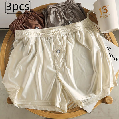 Three-Pack of Men's High-End Simple Smooth Satin Comfortable Skin-Friendly Home Boxer Briefs, Casual Sports Boxer Briefs for Men That Can Be Worn Outside
