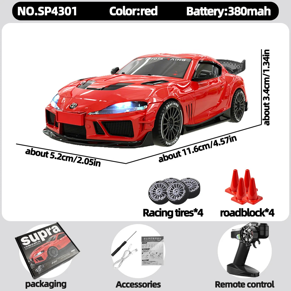 JXC 1:43 Mini 4WD RC Drift Car Supra SP4301 2.4GHz Remote Control with Gyroscope Adjustable Speed Cool LED Light Toy Gift