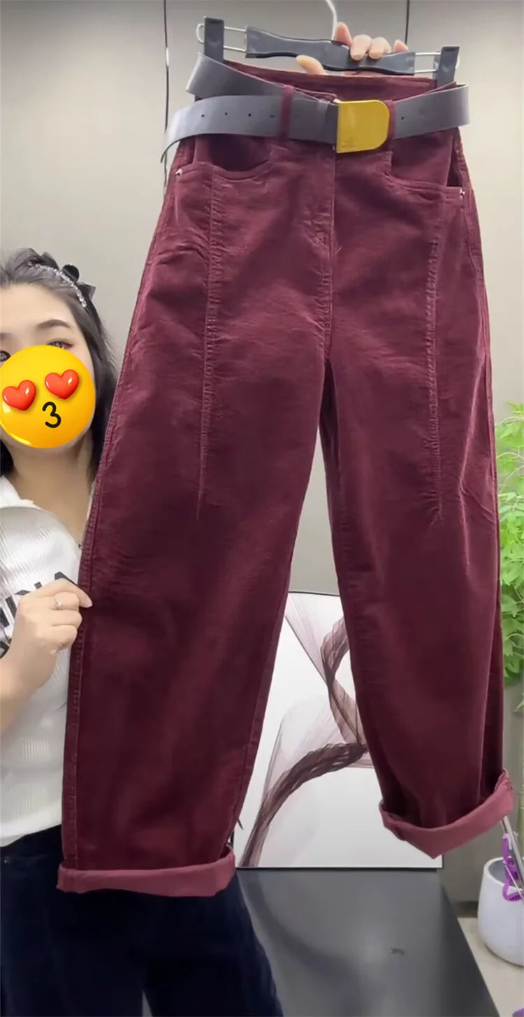 High Waist Cotton Corduroy Harlan Pants Slim Fit Casual Nine Point Knife  Straight Leg Crop Leisure Long Trousers