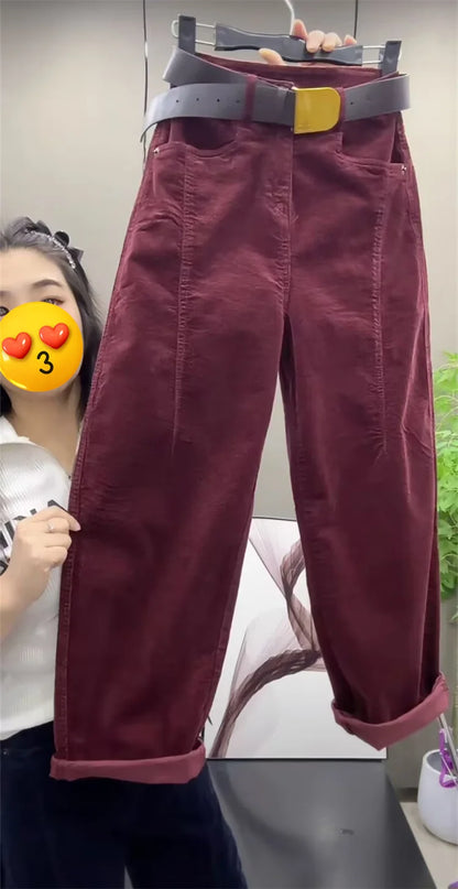 High Waist Cotton Corduroy Harlan Pants Slim Fit Casual Nine Point Knife  Straight Leg Crop Leisure Long Trousers