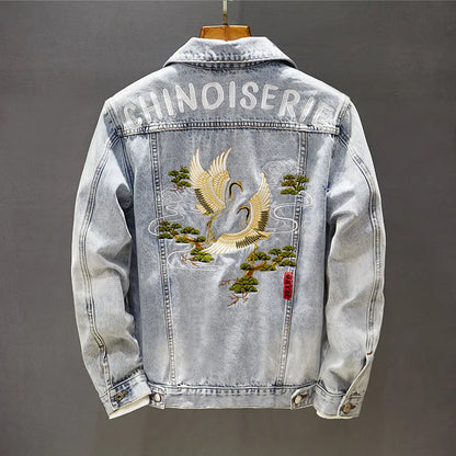 New Denim Jacket Mens Embroidery Trendy Jackets Casual Vintage Streetwear Coats Autumn High Street Embroidery Denim Jacket