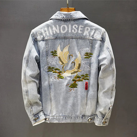 New Denim Jacket Mens Embroidery Trendy Jackets Casual Vintage Streetwear Coats Autumn High Street Embroidery Denim Jacket