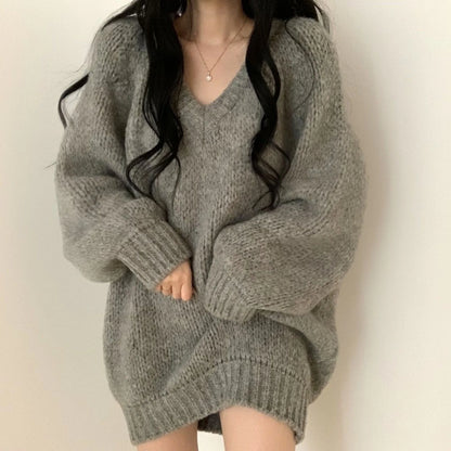 plus Size Lazy Style V-Neck Soft Cozy Knitted Sweater Women's Autumn Winter Loose Small Figure Top Retro Style Loose Fit Knit...