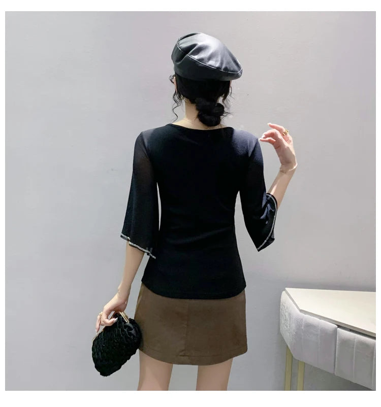 2026 Spring Summer Mesh Tops Korean Fashion Diamond T Shirt Slim 3/4 Sleeve Hollow Out Casual Women Shirt