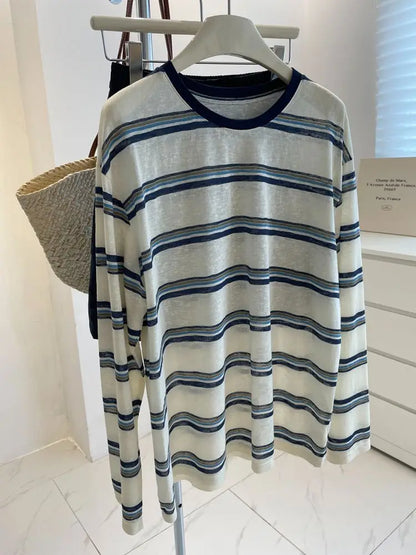 plus Size Women's Striped Long Sleeve T-Shirt Summer New Style Slimming Meat Covering Casual Loose Fit Printed Sweat Wicking