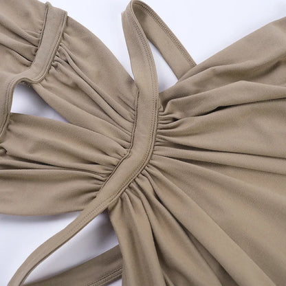 Halter Cut-Out Draped Super-Cut Back Bare Elegant Party Maxi Dress Waistless Backless Sleeveless Khaki Evening Prom Long Dress