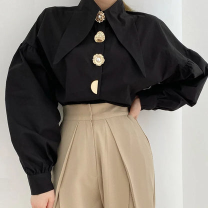 White Elegant Pearl Women Shirts Korean Sharp Corner Collar Loose Long Sleeve Ladies Blouse Y2k Fashion New Chic Female Tops