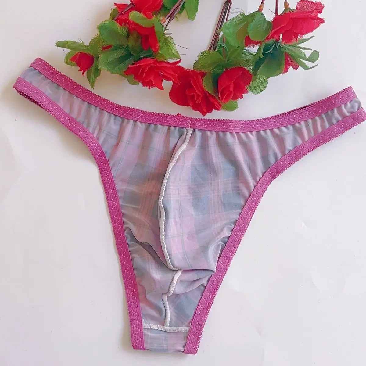 Plaid Thin Sexy Man's Thong Couple Bow Briefs Breathable Tanga T-Back Underwear