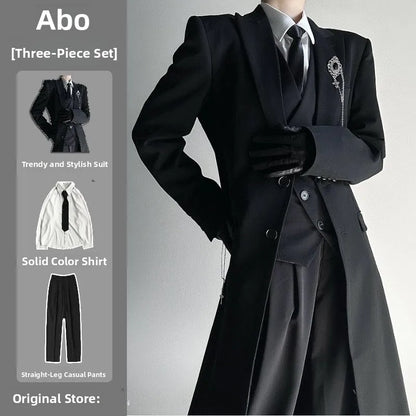 2025 New Long Tailored Coat Jacket Four-Piece Set Neutral Style Shoulder-Length Black High-End Feelings Casual Youth Fashion