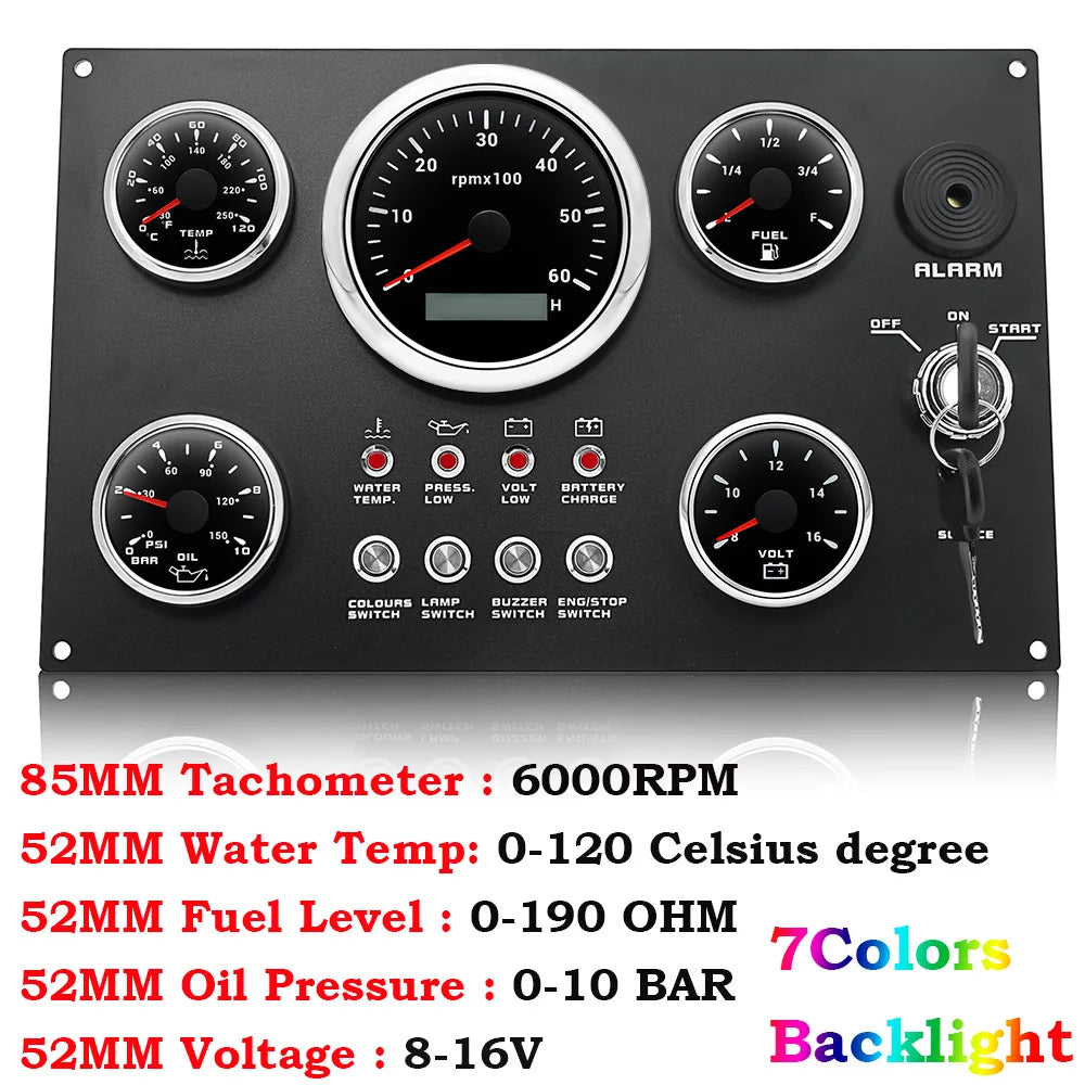Boat Dashboard 5 Gauge Set Switch Panel 85mm Tachometer 3000rpm-8000rpm+52mm Voltmeter Oil Press Fuel Level Meter Customized