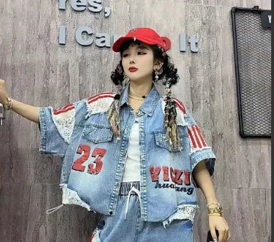 Casual Lace Hollow out Patchwork Summer New Women's Outfit Loose Top with Digital Letter Print Matching Long Pants
