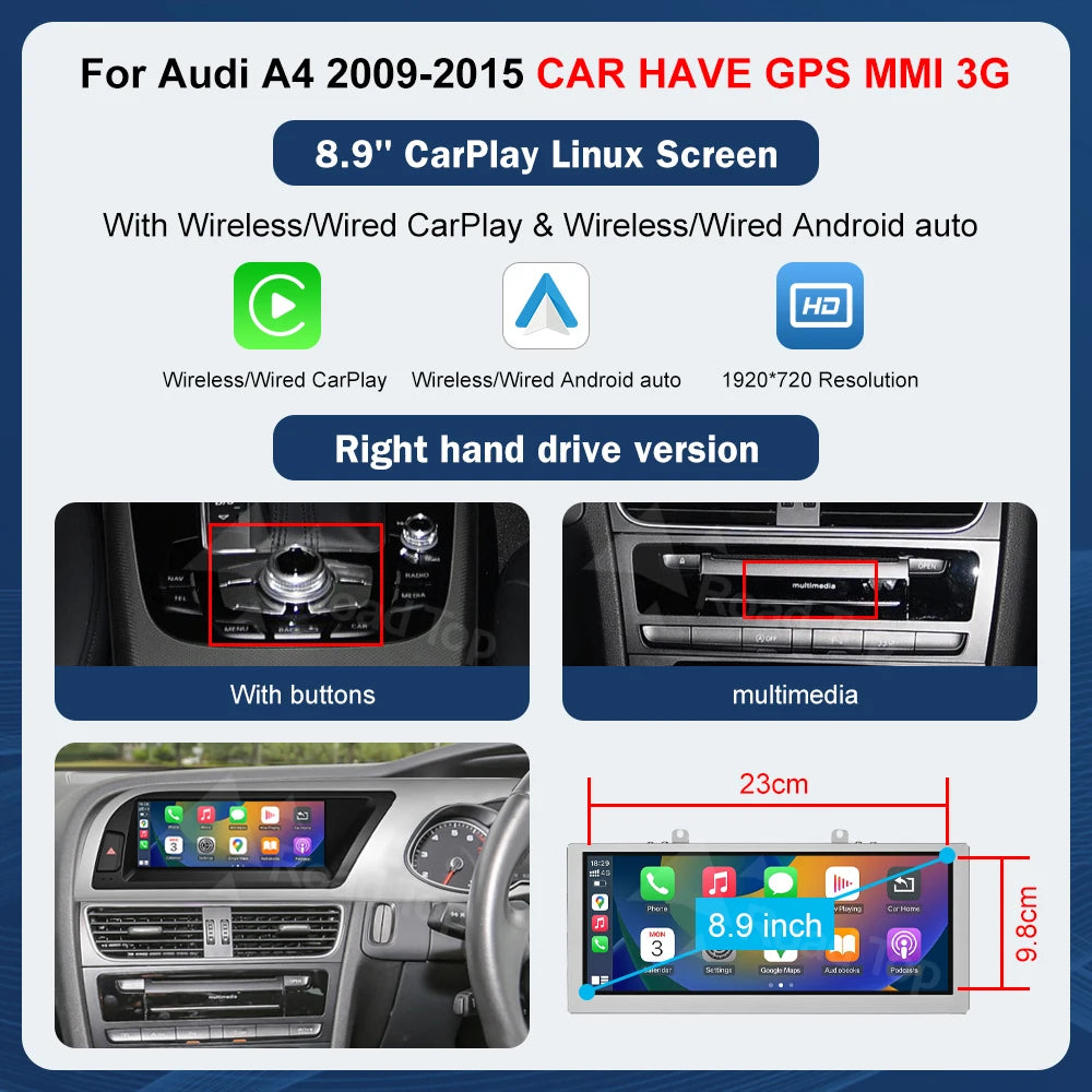 8.9 Inch 12.3"" Multimedia Display Touch Screen For Audi A4 S4 2009-2015 Airplay Miracast Function Wireless Carplay Android Auto