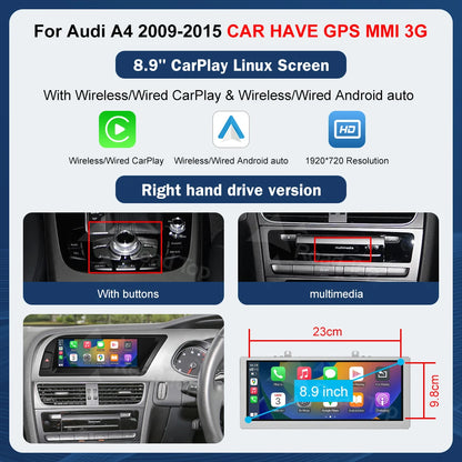 8.9 Inch 12.3"" Multimedia Display Touch Screen For Audi A4 S4 2009-2015 Airplay Miracast Function Wireless Carplay Android Auto