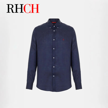 RHCH Men Pure  Shirt Luxury Embroidery Logo Button Down Collar Casual Breathable Solid Color Formal Business Shirts For Men