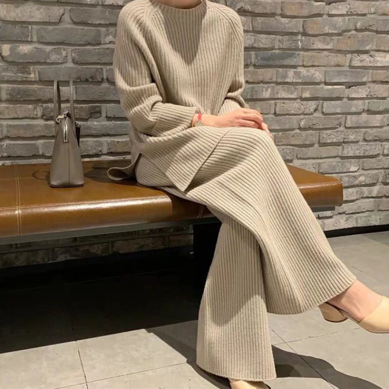 Women Elegant Sweater Suit Elegant Knitted Two Pieces Set Autumn Winter Oversized Pullover and Trousers Suit Female Outfits 2022