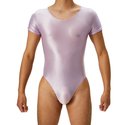 Men's Bodysuit Short Sleeve Oil Shiny High Cut Shapers Leotard Elastic Man Women Sexy Lingerie Jumpsuit Underwear