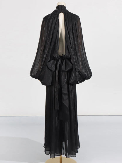 VGH Minimalist Spliced Folds Maxi Dresses for Women Scarf Collar Lantern Sleeve Loose Waist Casual Temperament Dress Female New