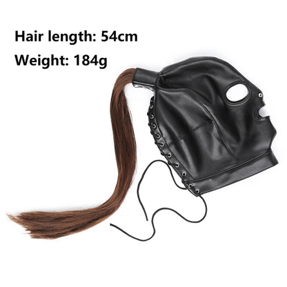 Professional Pony Play Mask with Hair Ponytail BDSM Bondage Hood Shoulder Harness Set Slave Role Play Fetish Gear Adult Toy