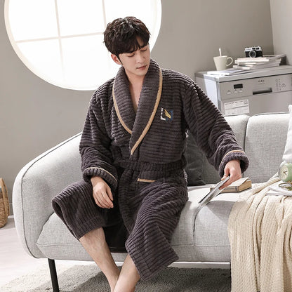Men Sleepwear Robe Winter Flannel Thicken Terry Robe Male Long Sleeve Kimono Warm Bathrobe Home Wear Peignoir Men Robe