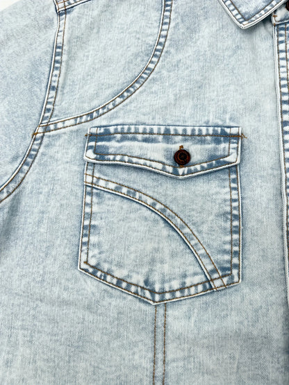 Autumn Men's Light Blue Vintage Washed Denim Shirt American Retro Long Sleeve Washed Light Blue Denim Shirt Double Pocket Workwe