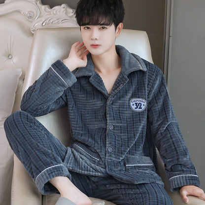 Men's Thickened Flannel Pajamas Coral Fleece Home Clothes Cardigan Set Long Sleeve Long Pants Soft Warm Winter Autumn Sleepwear