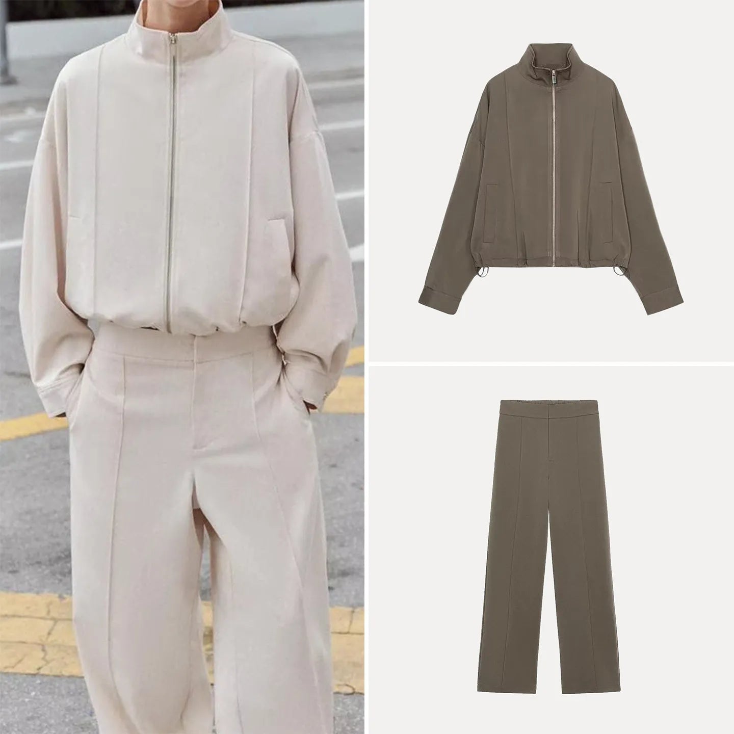 Women's Pilot Jacket Coat High Waist Commute Line Decor Straight Leg Pants Two Piece Set Long Sleeve Stand Collar Jacket