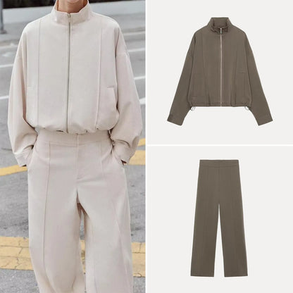 Women's Pilot Jacket Coat High Waist Commute Line Decor Straight Leg Pants Two Piece Set Long Sleeve Stand Collar Jacket