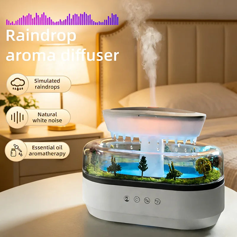 Raindrop Aroma Diffuser with White Noise Music & 7-Color Atmosphere Light, Ultrasonic Air Humidifier for Relaxation, Sleep & Hom