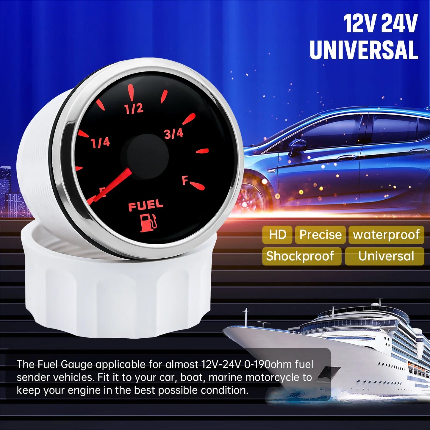 52mm Marine Boat Fuel Level Gauge 7-color backlight Digital pointer Fuel Gauge+100-500mm Fuel level sensor Digital car gauge