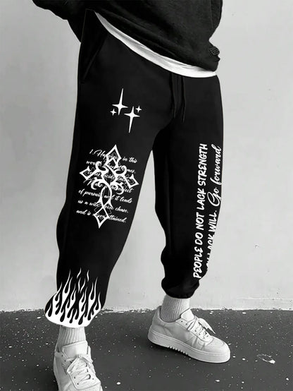 Men's Retro Vintage Script Letter Flame Graphic Joggers Elastic Cuff Sweatpants Popular Streetwear Casual Pants