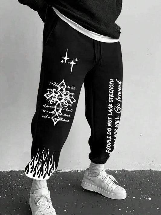 Men's Retro Vintage Script Letter Flame Graphic Joggers Elastic Cuff Sweatpants Popular Streetwear Casual Pants