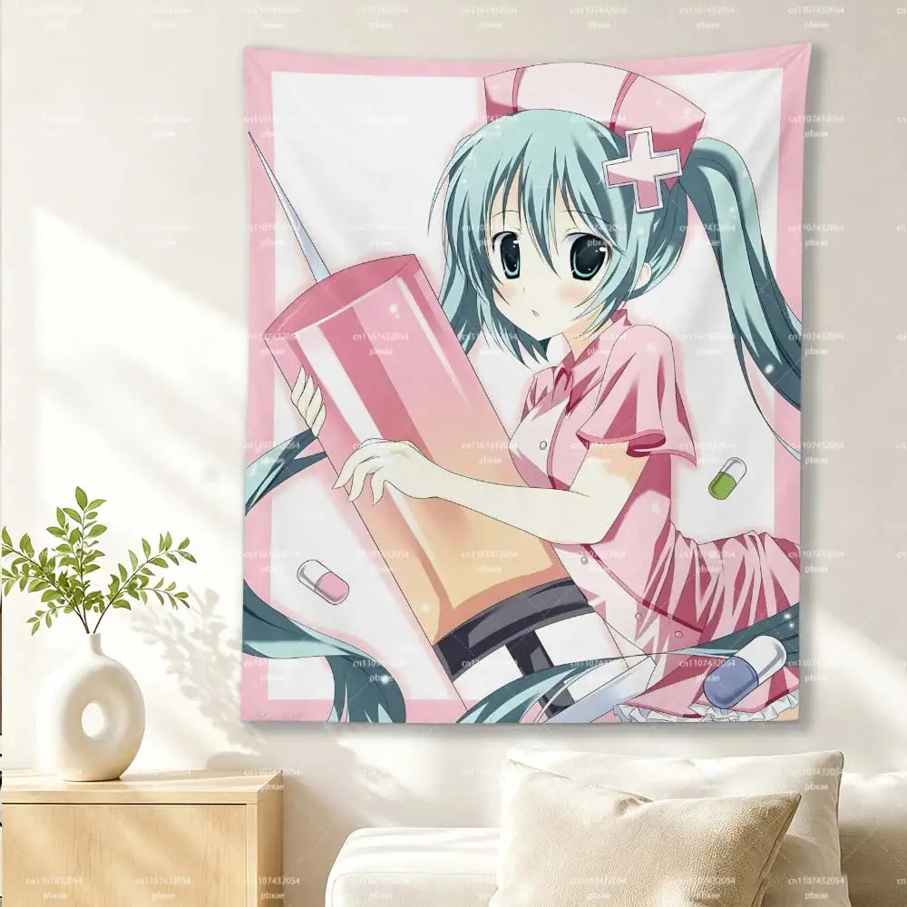 Hatsune Miku Nurse Tapestry, Pink Border Syringe Pill Anime Wall Hanging Bedroom Dorm Aesthetic Decor