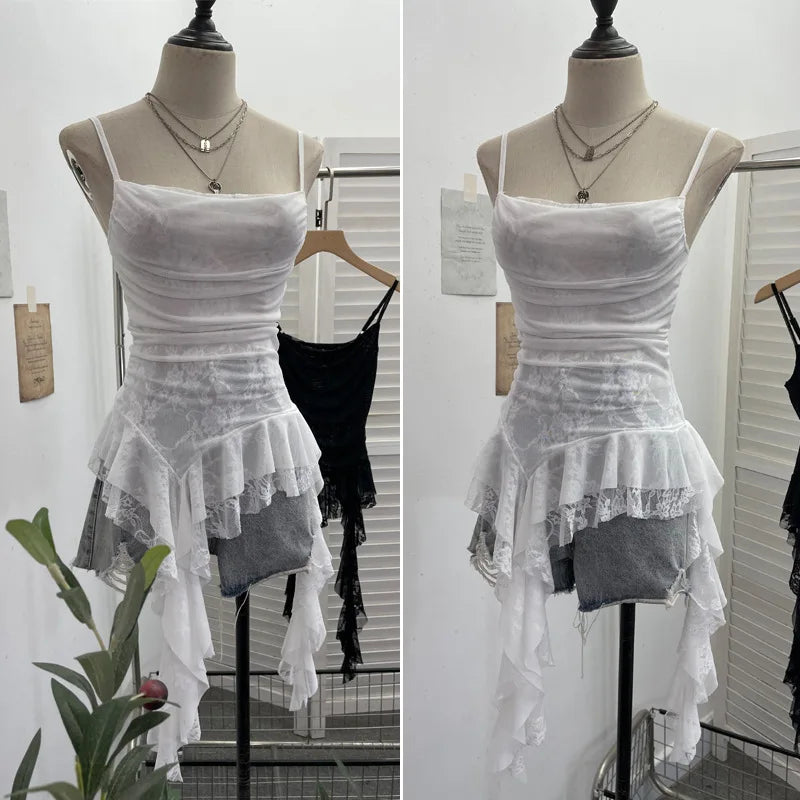 ISAROSE Summer Y2K Camisole for Women Casual Spaghetti Straps Double Layers Lace Stretch Mesh Patchwork Asymmetrical Slim Tops