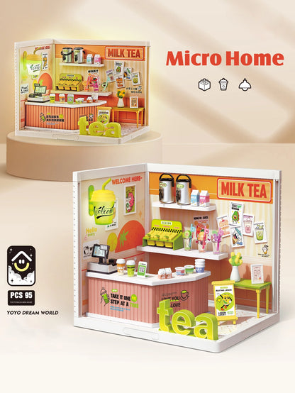 Micro Model Mini Dollhouse Playset with Light, Portable Grill Shop & Beauty Store Pretend Play Toy for Kids, Ideal Birthday Chri