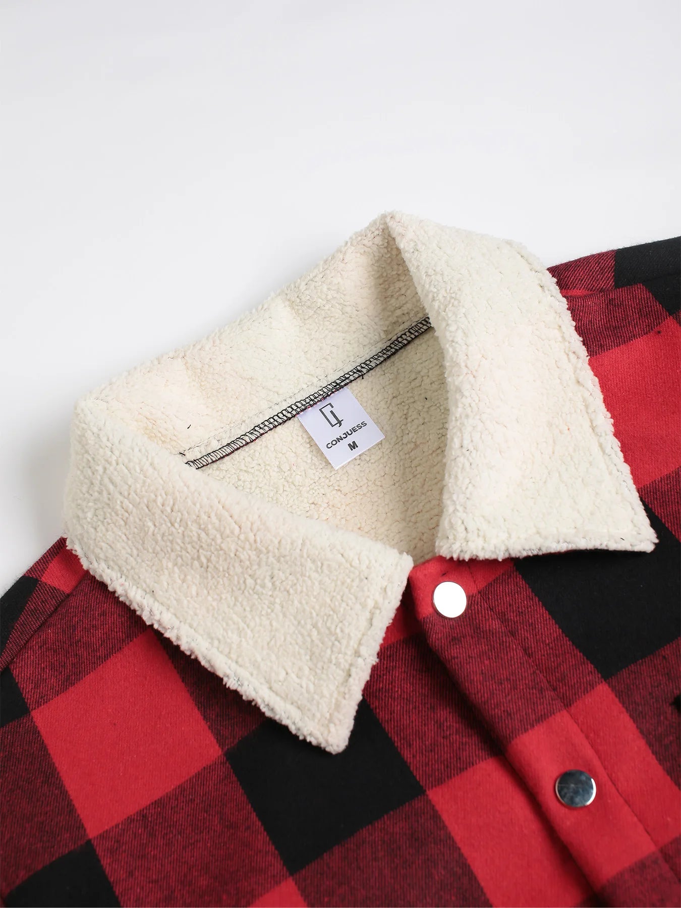 Men's Red Black Plaid Fleece Collar Flannel Shirt Jacket Autumn Winter Thick Warm Casual Coat